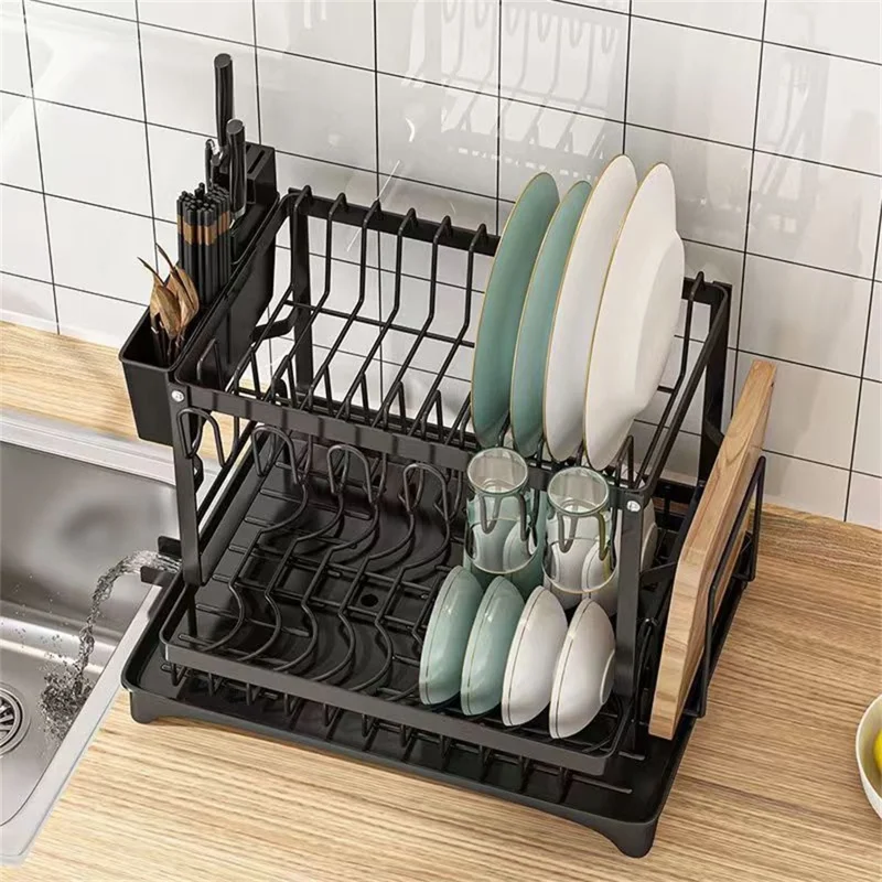 Kitchen Dish Drying Rack Utensil Organizer Carbon Steel Countertop Drainer for Cups Plates Cutlery - Black