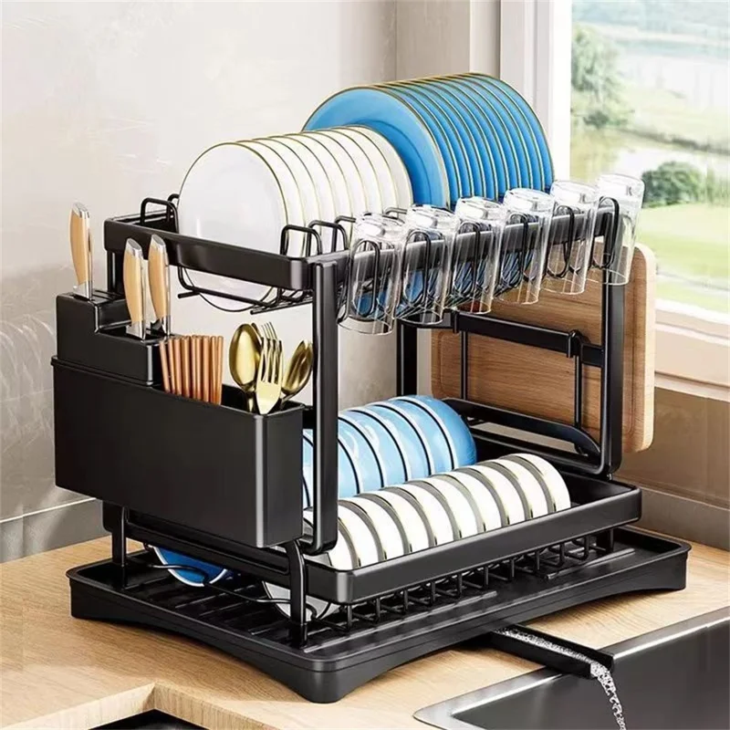 Kitchen Dish Drying Rack Utensil Organizer Carbon Steel Countertop Drainer for Cups Plates Cutlery - Black