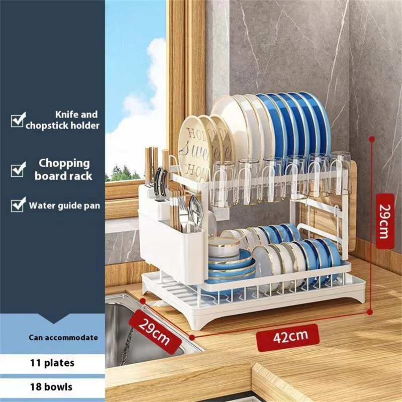 Kitchen Dish Drying Rack Utensil Organizer Carbon Steel Countertop Drainer for Cups Plates Cutlery - Black