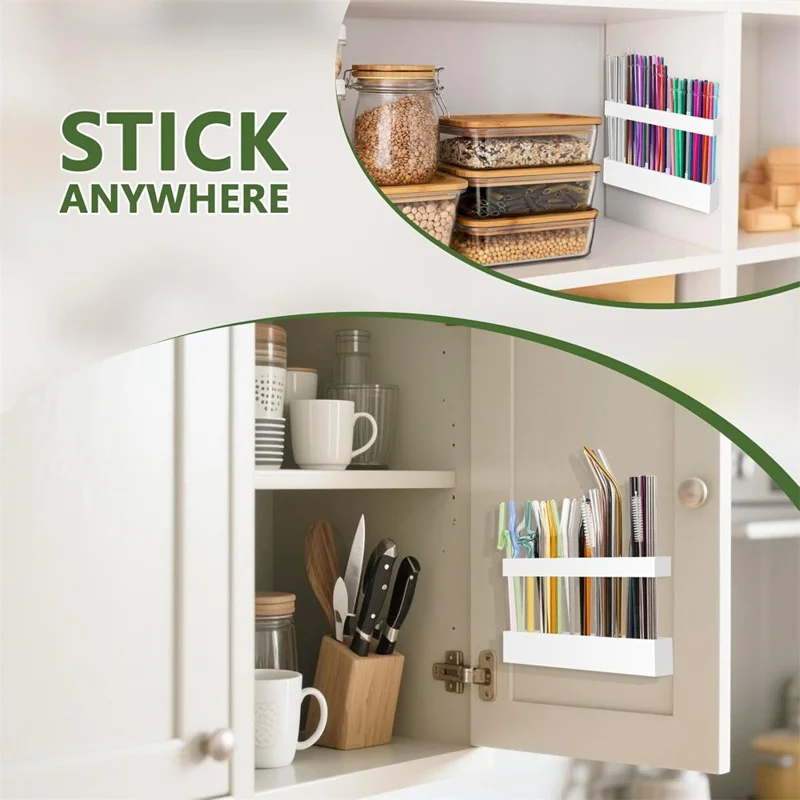 Adjustable Height Acrylic Straw Holder Utensil Organizer Cabinet Wall Mounted Storage Rack for Kitchen - Black