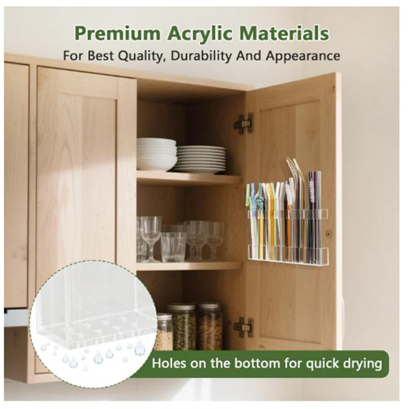 Adjustable Height Acrylic Straw Holder Utensil Organizer Cabinet Wall Mounted Storage Rack for Kitchen - Black