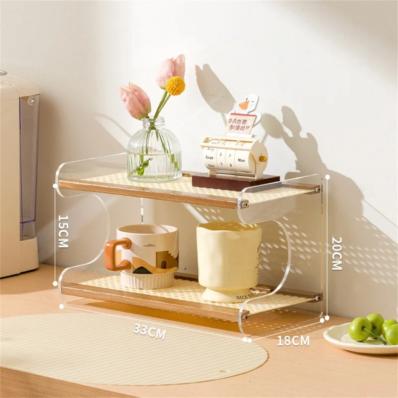 Bamboo Wood Acrylic 2 Tier Cup Holder Stand For Desk Table Coffee Mug Organizer 33cm Storage Rack - Brown