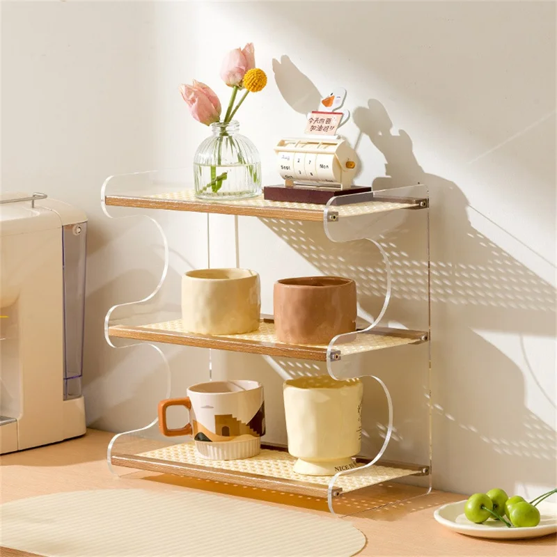 Bamboo Wood Acrylic 3 Tier Cup Holder Stand For Desk Table Coffee Mug Organizer 33cm Storage Rack - Brown