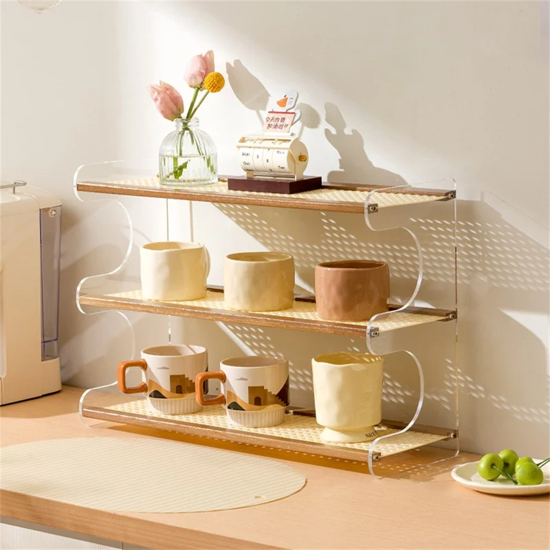 Bamboo Wood Acrylic 3 Tier Cup Holder Stand For Desk Table Coffee Mug Organizer 49cm Storage Rack - Brown