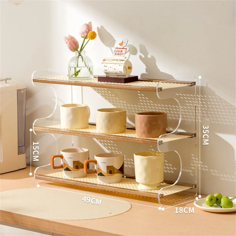 Bamboo Wood Acrylic 3 Tier Cup Holder Stand For Desk Table Coffee Mug Organizer 49cm Storage Rack - Brown