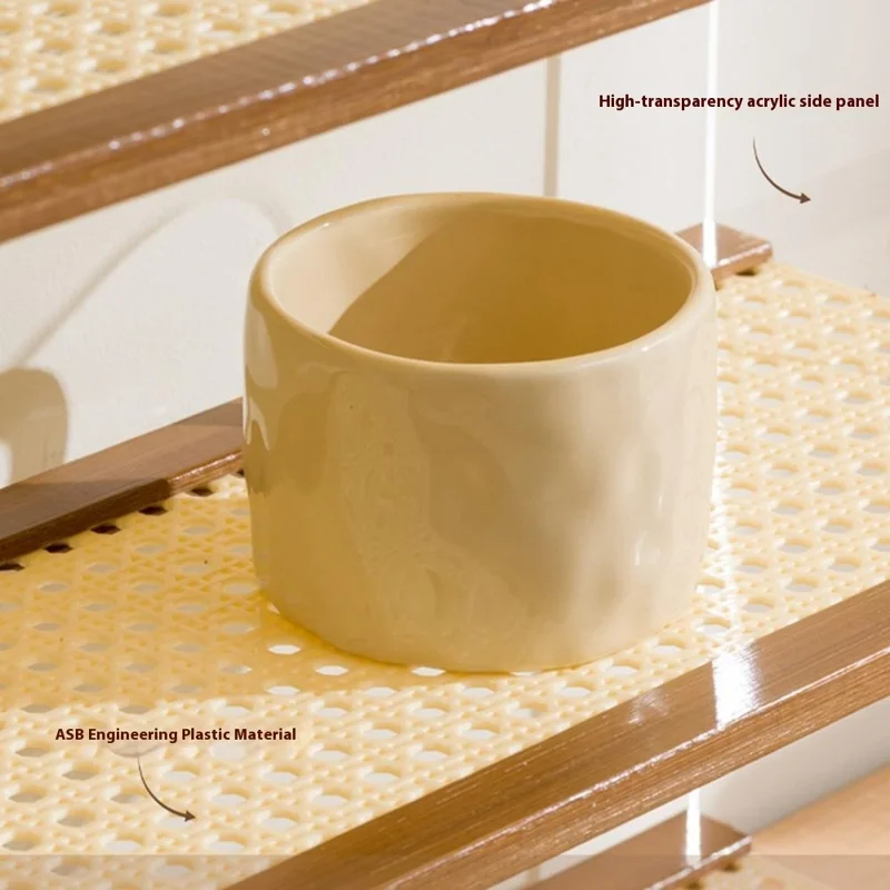 Bamboo Wood Acrylic 3 Tier Cup Holder Stand For Desk Table Coffee Mug Organizer 49cm Storage Rack - Brown