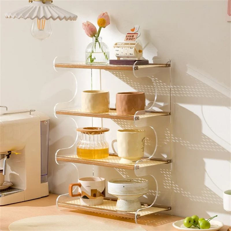 Bamboo Wood Acrylic 4 Tier Cup Holder Stand For Desk Table Coffee Mug Organizer 33cm Storage Rack - Brown
