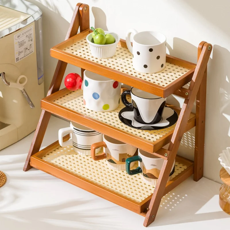 Foldable Bamboo Coffee Cup Display Rack Multi Tier Storage Organizer For Countertop  /  Bar  /  Dining Table - Network Brown