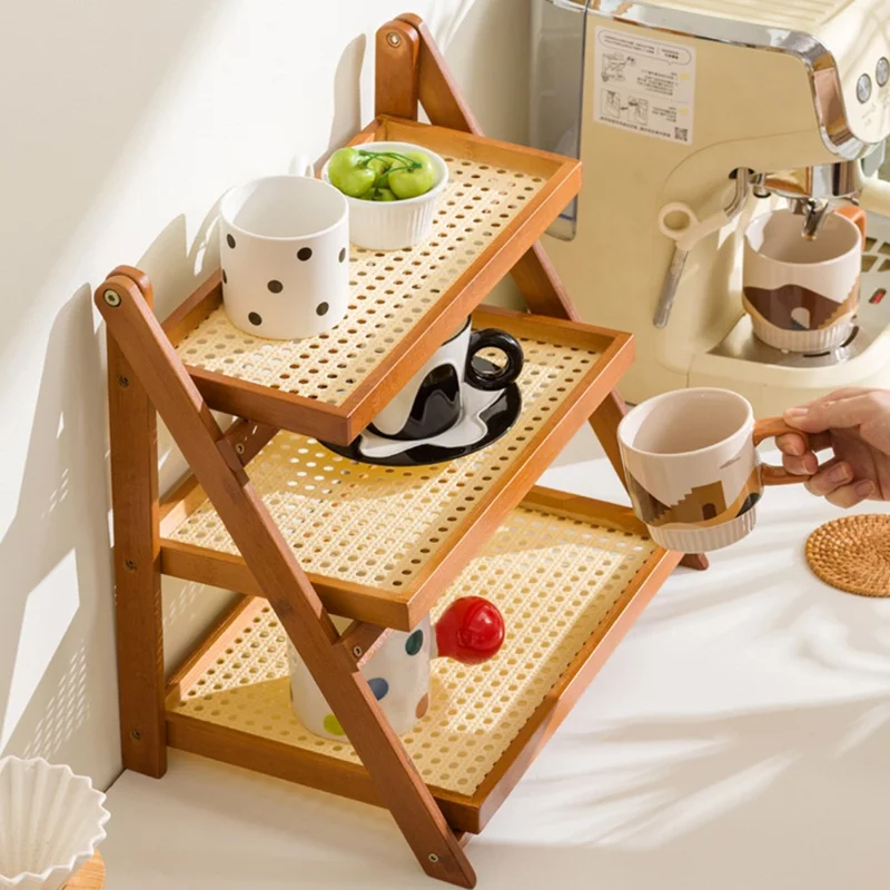 Foldable Bamboo Coffee Cup Display Rack Multi Tier Storage Organizer For Countertop  /  Bar  /  Dining Table - Network Brown