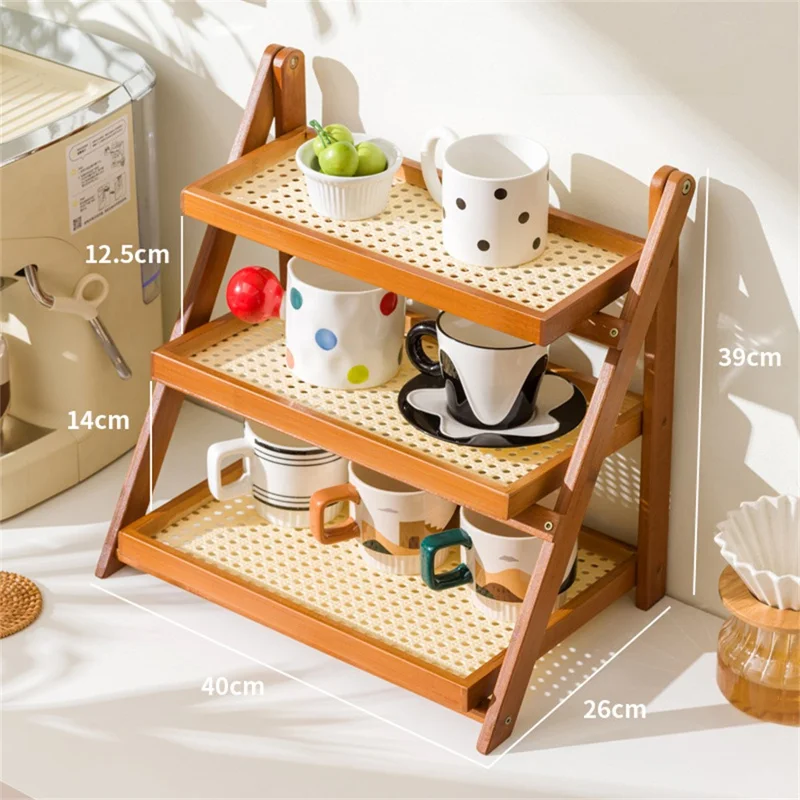 Foldable Bamboo Coffee Cup Display Rack Multi Tier Storage Organizer For Countertop  /  Bar  /  Dining Table - Network Brown