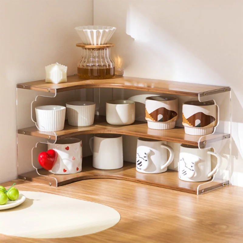 Bamboo 3-Tier Corner Mug Organizer For Desk Kitchen Countertop Cup Holder Tea Coffee Storage Rack - Brown
