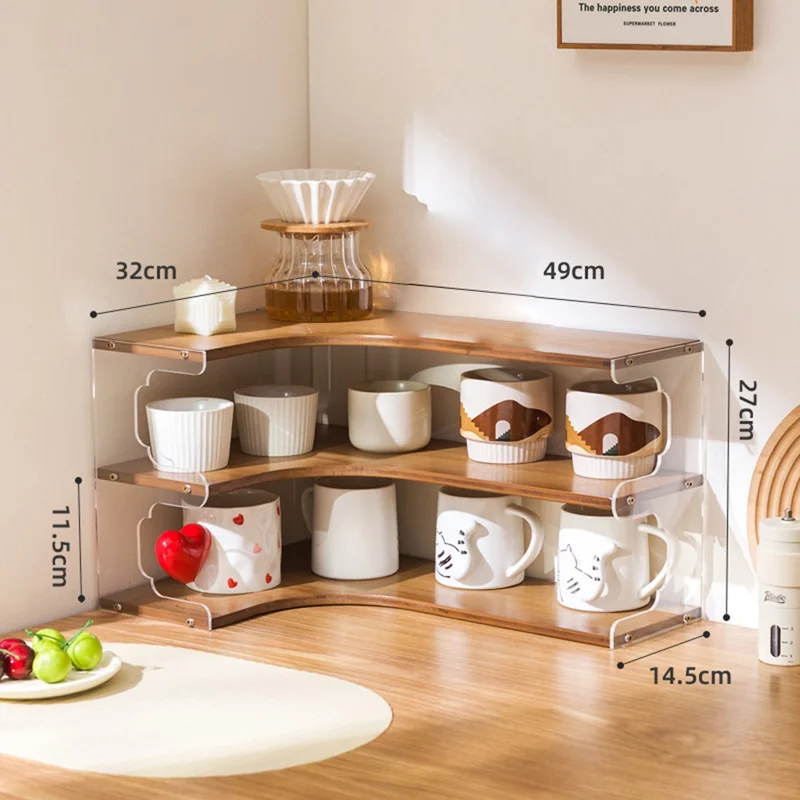 Bamboo 3-Tier Corner Mug Organizer For Desk Kitchen Countertop Cup Holder Tea Coffee Storage Rack - Brown