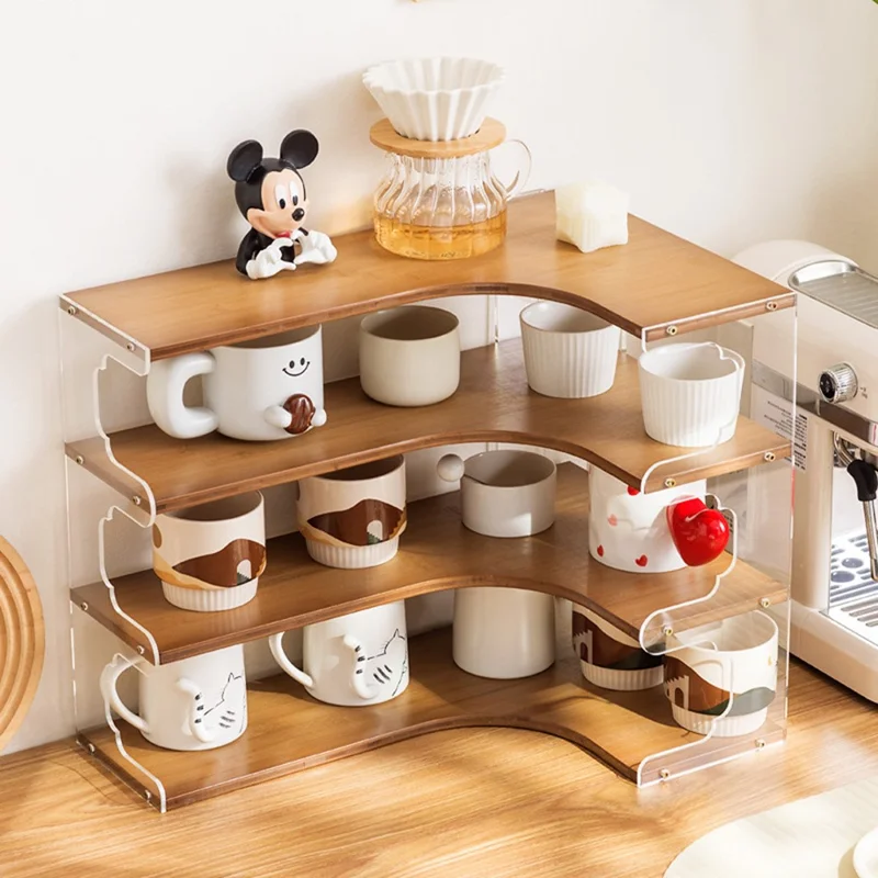 Bamboo Acrylic Cup Organizer Rack 4 Tier Corner Shelf for Mugs Tea Set Coffee Cups Storage Display Stand - Brown
