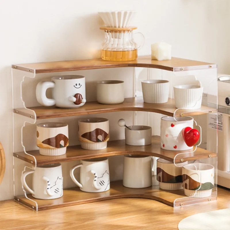 Bamboo Acrylic Cup Organizer Rack 4 Tier Corner Shelf for Mugs Tea Set Coffee Cups Storage Display Stand - Brown