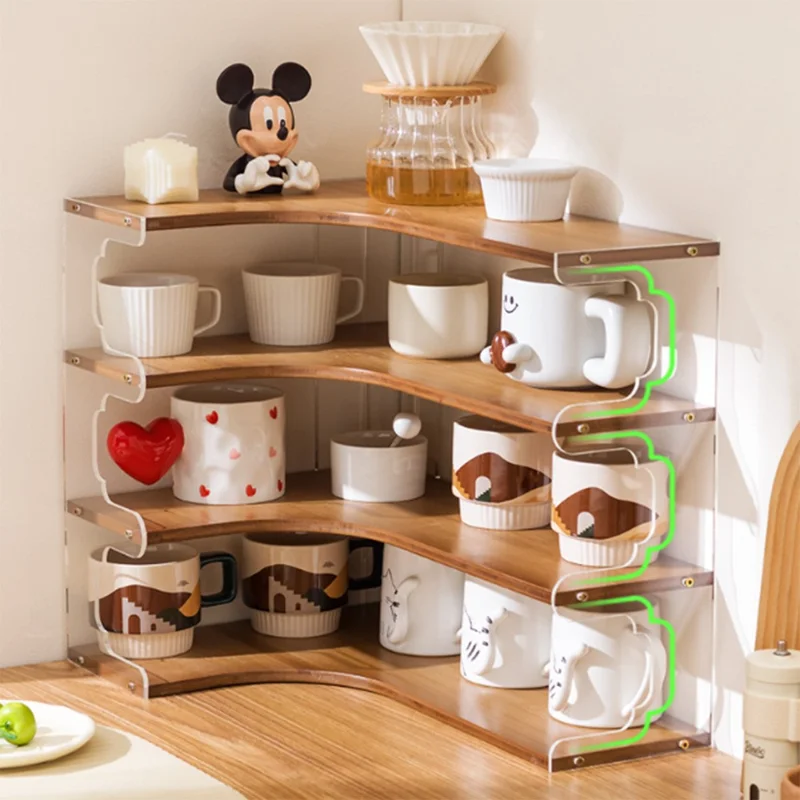 Bamboo Acrylic Cup Organizer Rack 4 Tier Corner Shelf for Mugs Tea Set Coffee Cups Storage Display Stand - Brown