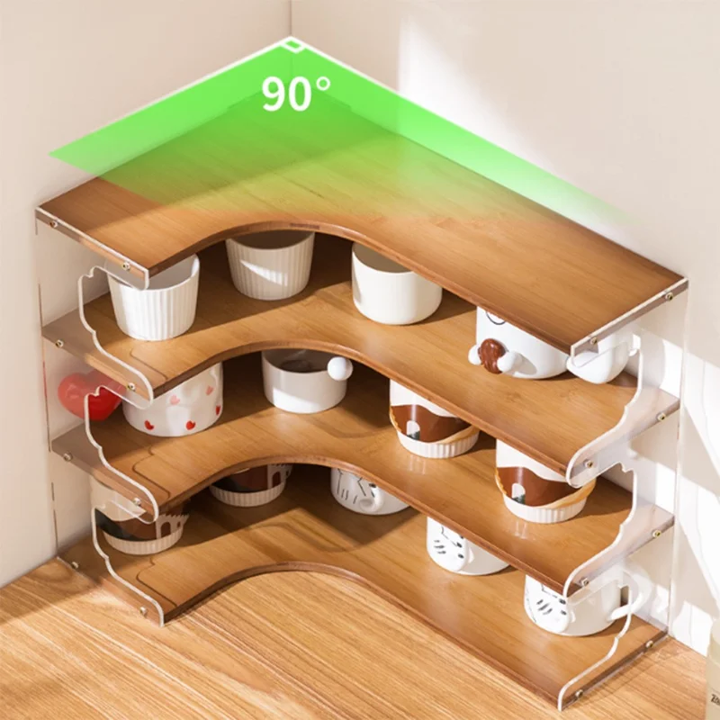 Bamboo Acrylic Cup Organizer Rack 4 Tier Corner Shelf for Mugs Tea Set Coffee Cups Storage Display Stand - Brown