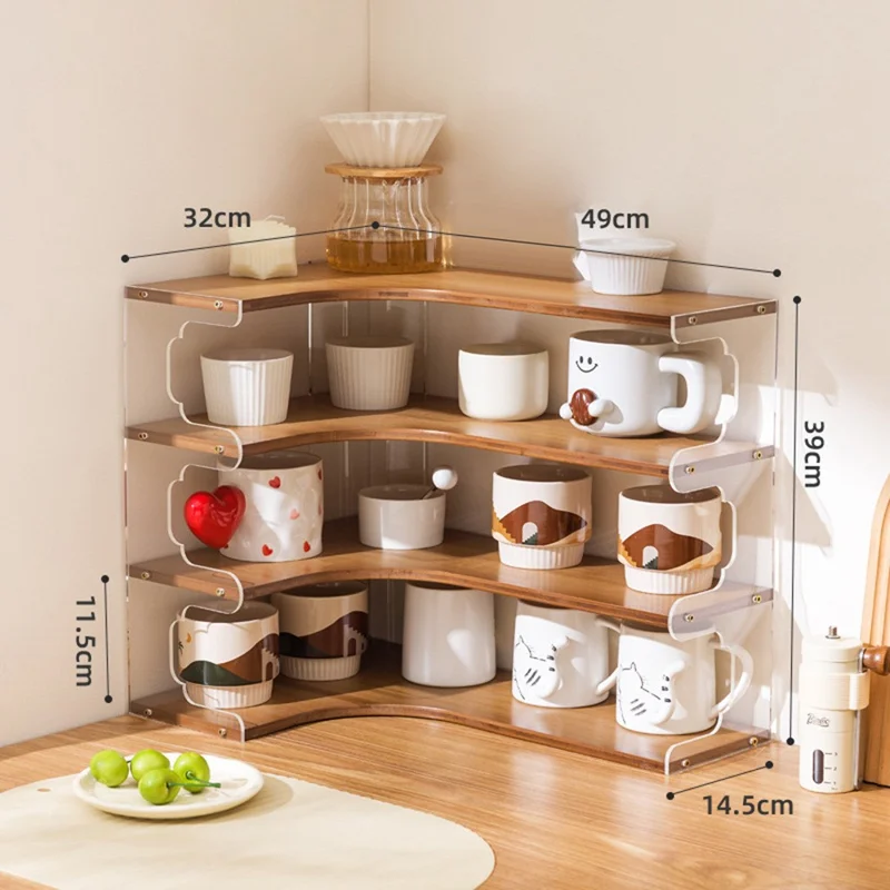 Bamboo Acrylic Cup Organizer Rack 4 Tier Corner Shelf for Mugs Tea Set Coffee Cups Storage Display Stand - Brown