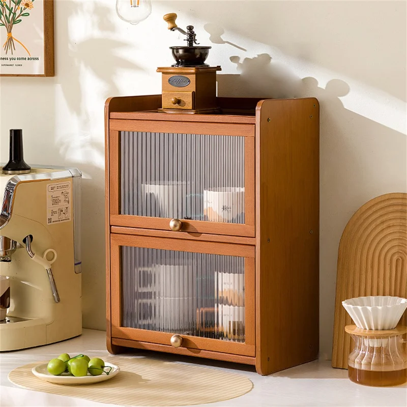 2-Door 35cm Desktop Storage Cabinet Tea Set Display Holder Organizer for Kitchenware / Cosmetics / Cups - Stripe