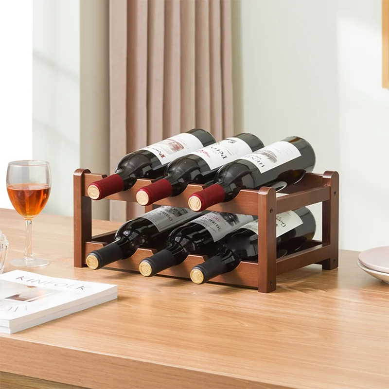 Creative 2-Tier Wine Rack for 6 Bottles Bamboo Tabletop Display Stand Home Bar Storage Organizer