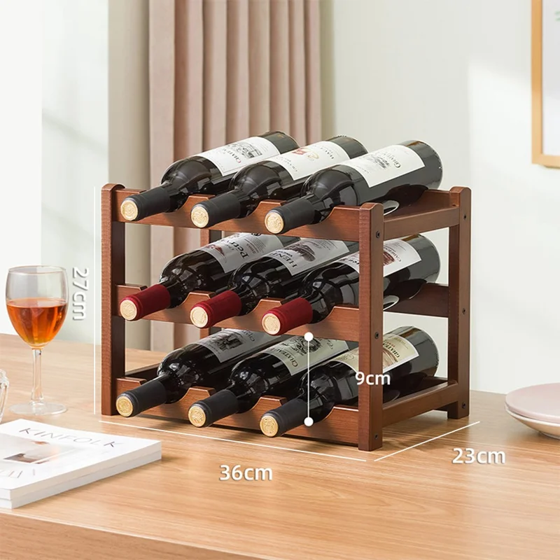 Creative 3-Tier Wine Rack for 9 Bottles Bamboo Tabletop Display Stand Home Bar Storage Organizer