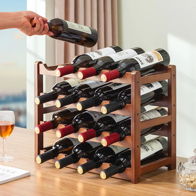 Creative 4-Tier Wine Rack for 16 Bottles Bamboo Tabletop Display Stand Home Bar Storage Organizer