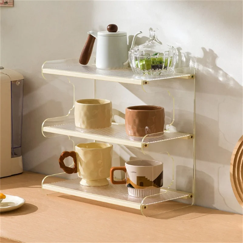 35cm 3 Tier Desktop Organizer for Office Home Bamboo Acrylic Storage Shelf Desk Rack - Beige