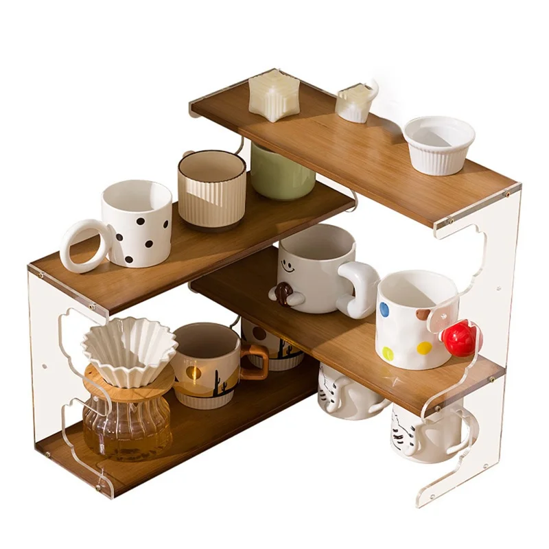 Desktop Corner Coffee Cup Holder L-Shape Bamboo Bookshelf Display Rack Storage Organizer - Brown