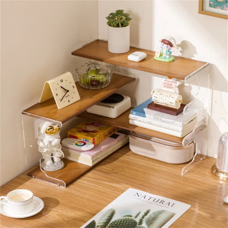 Desktop Corner Coffee Cup Holder L-Shape Bamboo Bookshelf Display Rack Storage Organizer - Brown