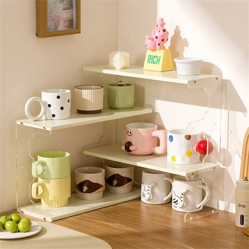 Desktop Corner Coffee Cup Holder L-Shape Bamboo Bookshelf Display Rack Storage Organizer - Brown