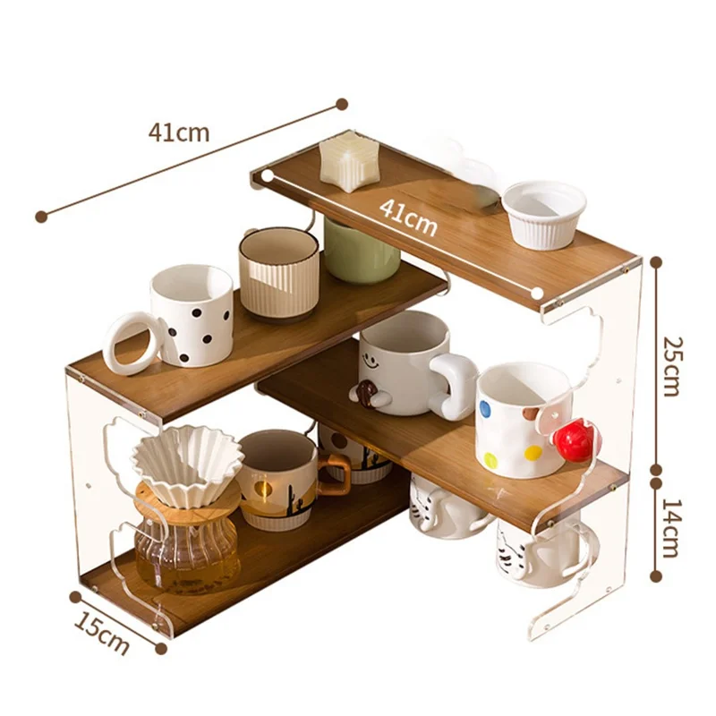 Desktop Corner Coffee Cup Holder L-Shape Bamboo Bookshelf Display Rack Storage Organizer - Brown