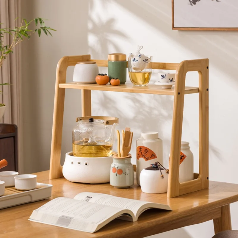 Bamboo Mug Holder Organizer 40CM For Desk Tea Coffee Cup Storage Rack Multi-Tier Display Stand - Wood Color