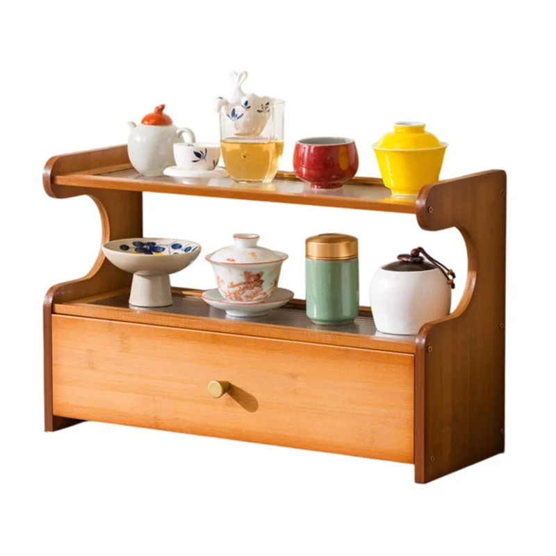 50cm Length 2 Tiers Tea Cup Holder Storage Rack with Drawer Bamboo Desktop Organizer Display Shelf - Striped Texture / Tan