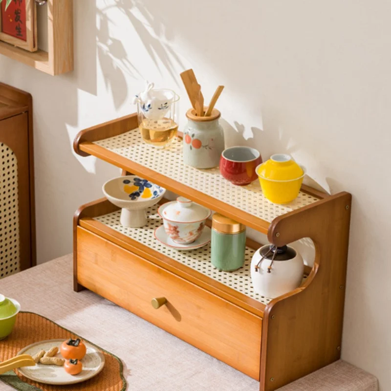 50cm Length 2 Tiers Tea Cup Holder Storage Rack with Drawer Bamboo Desktop Organizer Display Shelf - Striped Texture / Tan