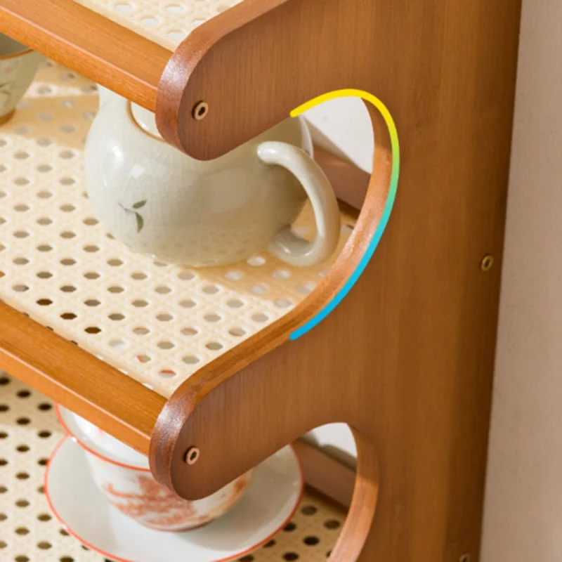 50cm Length 2 Tiers Tea Cup Holder Storage Rack with Drawer Bamboo Desktop Organizer Display Shelf - Striped Texture / Tan