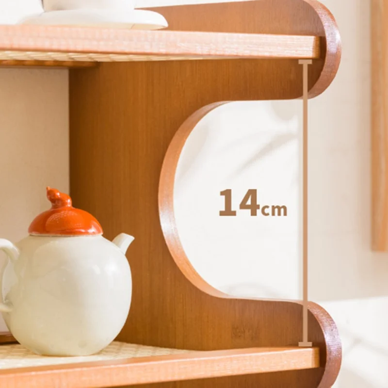 50cm Length 2 Tiers Tea Cup Holder Storage Rack with Drawer Bamboo Desktop Organizer Display Shelf - Striped Texture / Tan