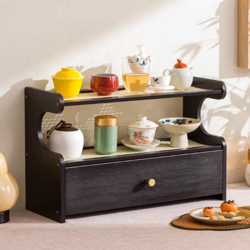 50cm Length 2 Tiers Tea Cup Holder Storage Rack with Drawer Bamboo Desktop Organizer Display Shelf - Striped Texture / Tan