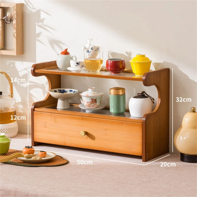 50cm Length 2 Tiers Tea Cup Holder Storage Rack with Drawer Bamboo Desktop Organizer Display Shelf - Striped Texture / Tan