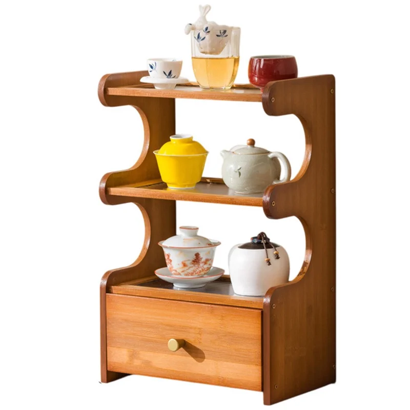 30cm 3 Tier Desktop Cup Holder Organizer Bamboo Display Shelf Storage Rack with Drawer - Acrylic Plate / Brown