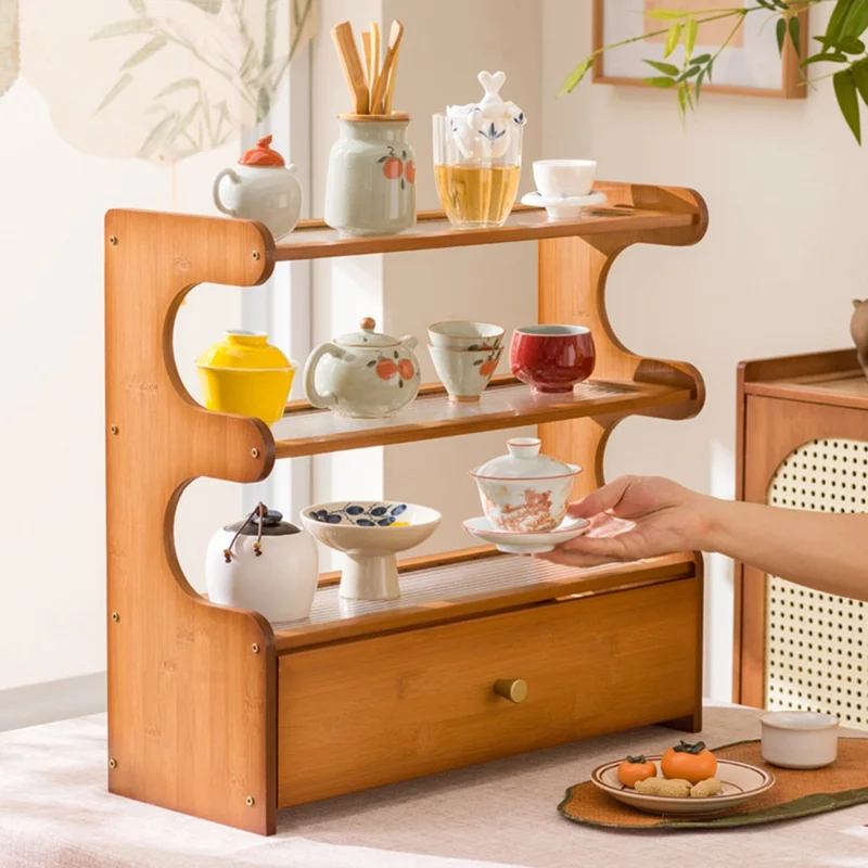 3-Tier Bamboo Wood Desktop Organizer With Drawer For Cups Tea Set Storage Display Rack 50cm - Changhong Brown