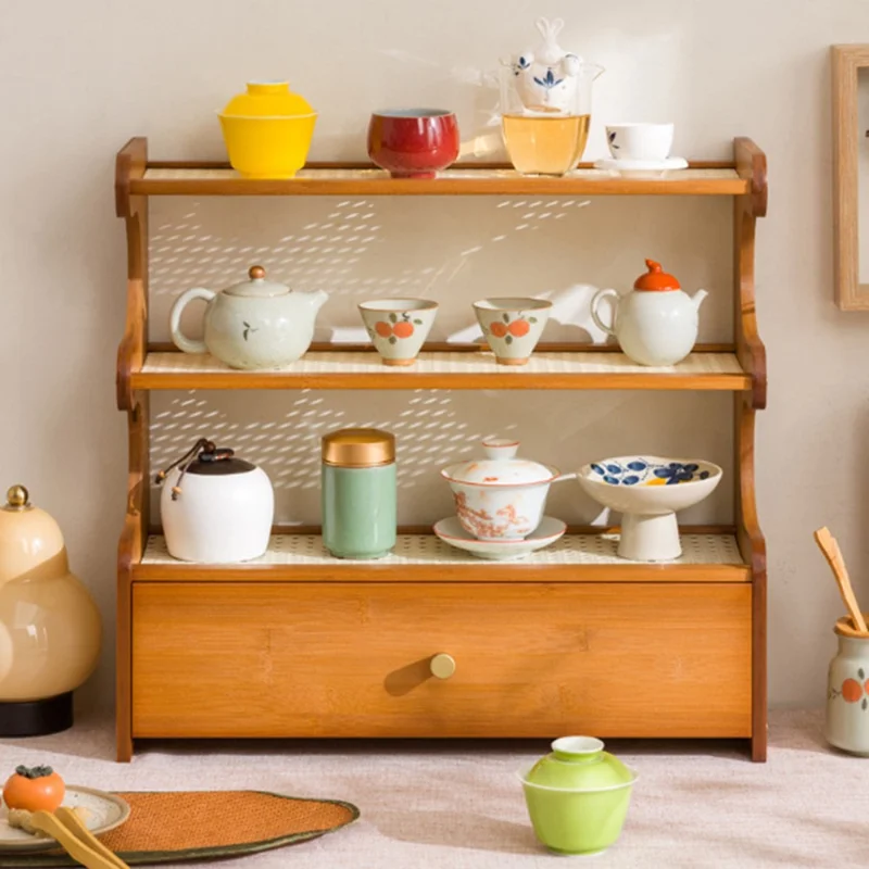 3-Tier Bamboo Wood Desktop Organizer With Drawer For Cups Tea Set Storage Display Rack 50cm - Changhong Brown