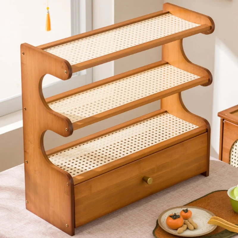 3-Tier Bamboo Wood Desktop Organizer With Drawer For Cups Tea Set Storage Display Rack 50cm - Changhong Brown