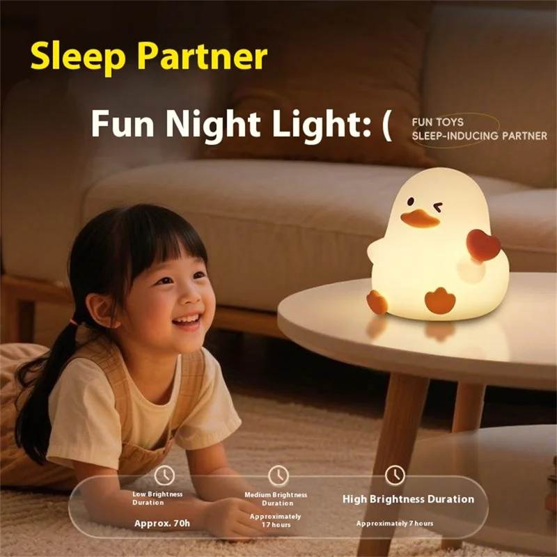 A072 Cálida Luz Lindo Pato de Dibujos Animados Forma Luz Nocturna Alivio del Estrés Toque Control Lámpara de Mesita de Noche de Silicona