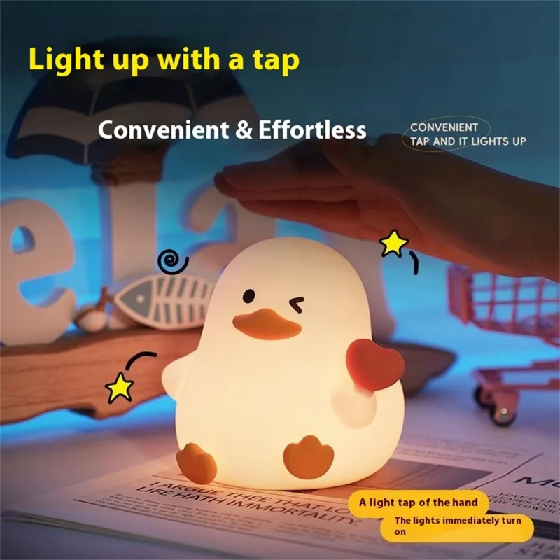 A072 Cálida Luz Lindo Pato de Dibujos Animados Forma Luz Nocturna Alivio del Estrés Toque Control Lámpara de Mesita de Noche de Silicona