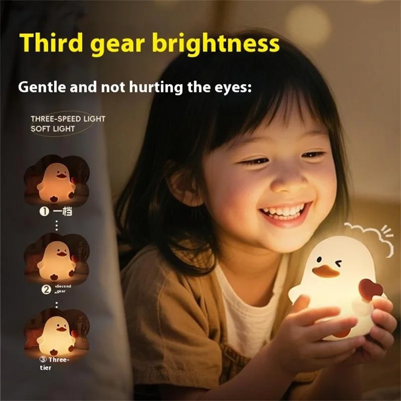 A072 Cálida Luz Lindo Pato de Dibujos Animados Forma Luz Nocturna Alivio del Estrés Toque Control Lámpara de Mesita de Noche de Silicona
