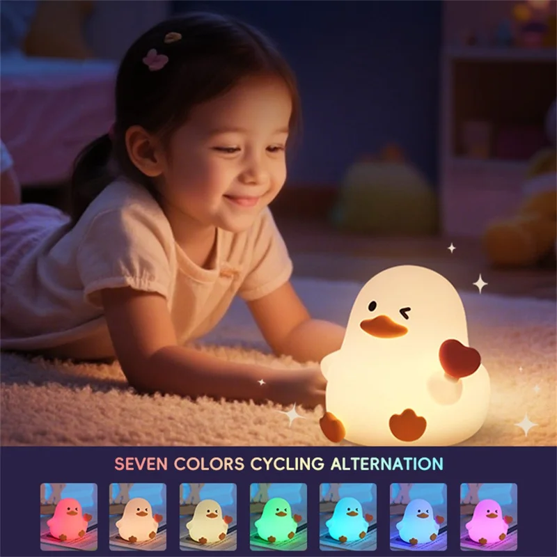 A072 7 Color Changing Cute Cartoon Duck Shape Night Light Stress Relief Tap Control Silicone Bedside Lamp