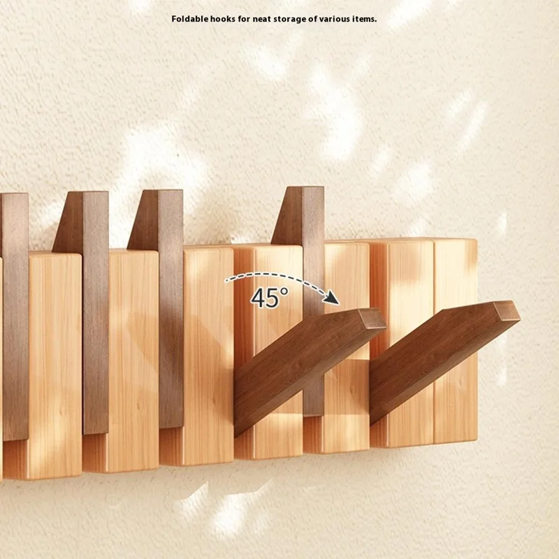 Wooden Coat Rack Wall Mounted 6 Hooks Foldable Piano Key Design Entryway Hanger for Bedroom Hallway - Walnut