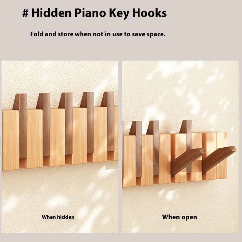 Wooden Coat Rack Wall Mounted 6 Hooks Foldable Piano Key Design Entryway Hanger for Bedroom Hallway - Walnut