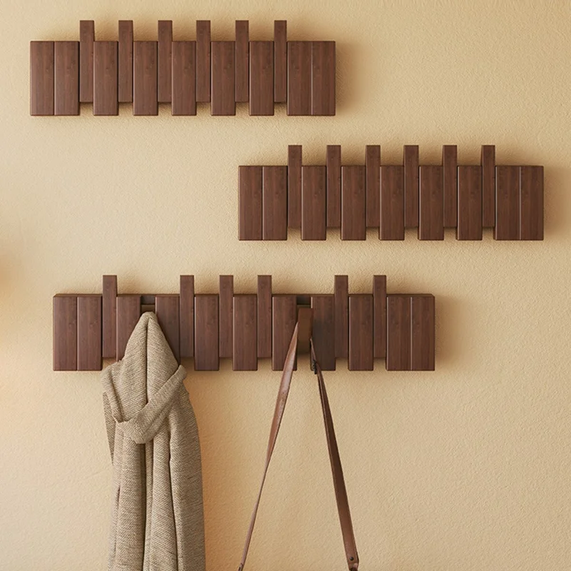 Wooden Coat Rack Wall Mounted 6 Hooks Foldable Piano Key Design Entryway Hanger for Bedroom Hallway - Walnut