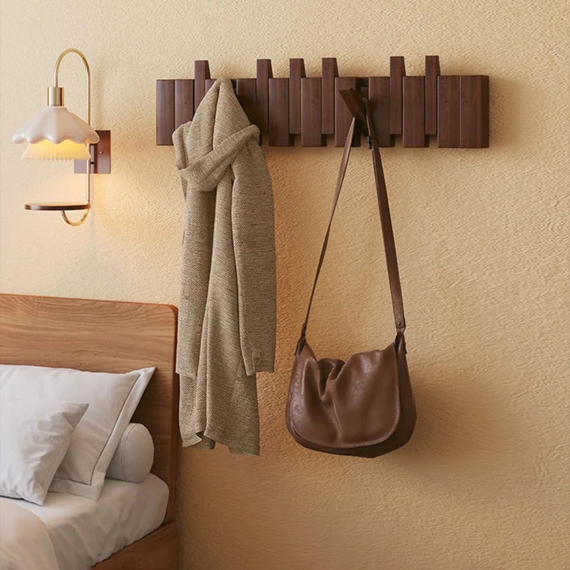 Wooden Coat Rack Wall Mounted 8 Hooks Foldable Piano Key Design Entryway Hanger for Bedroom Hallway - Splicing Color