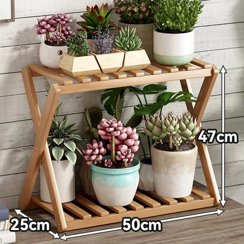 Multi-Tier Plant Stand 50cm Bamboo Flower Pot Shelf Indoor Outdoor Storage Rack for Living Room / Balcony / Office - Burlywood